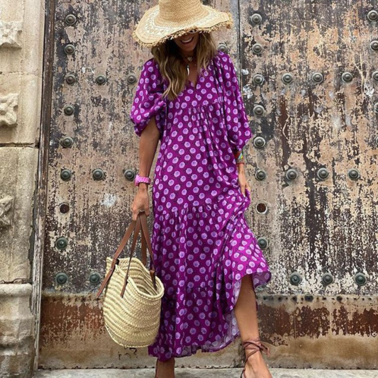 Mila - Robe longue bohème à manches bouffantes